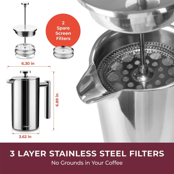 Mueller French Press Double Insulated 304 Stainless Steel Coffee Maker 4 Level Filtration System No Coffee Grounds RustFree Dishwasher Safe20oz