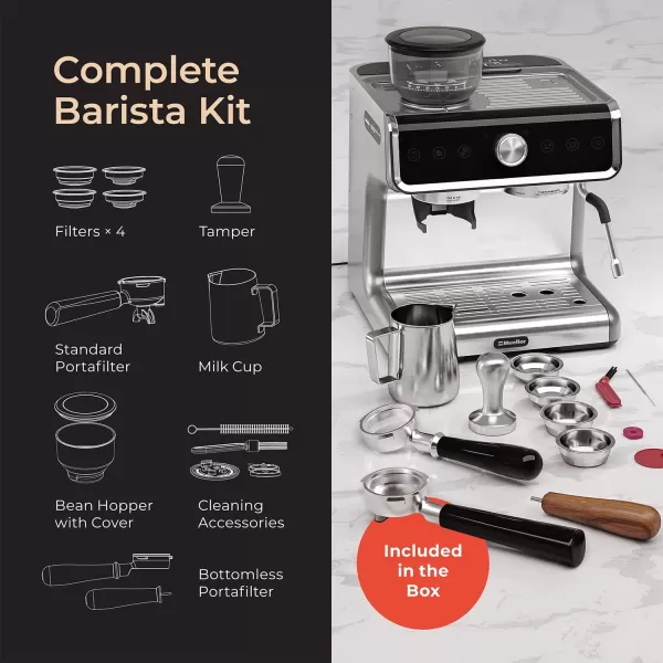Mueller Premium Espresso Machine Coffee Maker with Milk Frother Coffee Grinder 15 Bar Stainless Steel Standard and Bottomless Portafilter Multiple Filters Temp Control Complete Barista KitMueller Premium Espresso Machine Coffee Maker with Milk Frother Coffee Grinder 15 Bar Stainless Steel Standard and Bottomless Portafilter Multiple Filters Temp Control Complete Barista Kit