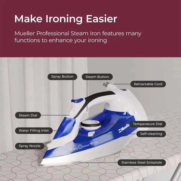 Mueller Professional Grade Steam Iron Retractable 8 Ft Cord for Easy Storage Vertical Shot 3 Way Auto Shut Off Self Clean BlueBlue