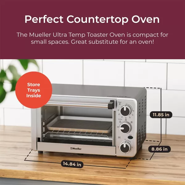 Mueller Toaster Oven with 30 Minute Timer  Toast  Bake  Broiler Settings Stainless Steel Natural Convection Fits 9 inch Pizza 4 Slice Toaster 1100 WMueller Toaster Oven with 30 Minute Timer  Toast  Bake  Broiler Settings Stainless Steel Natural Convection Fits 9 inch Pizza 4 Slice Toaster 1100 W
