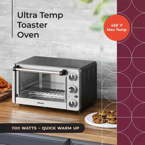 Mueller Toaster Oven with 30 Minute Timer  Toast  Bake  Broiler Settings Stainless Steel Natural Convection Fits 9 inch Pizza 4 Slice Toaster 1100 WMueller Toaster Oven with 30 Minute Timer  Toast  Bake  Broiler Settings Stainless Steel Natural Convection Fits 9 inch Pizza 4 Slice Toaster 1100 W
