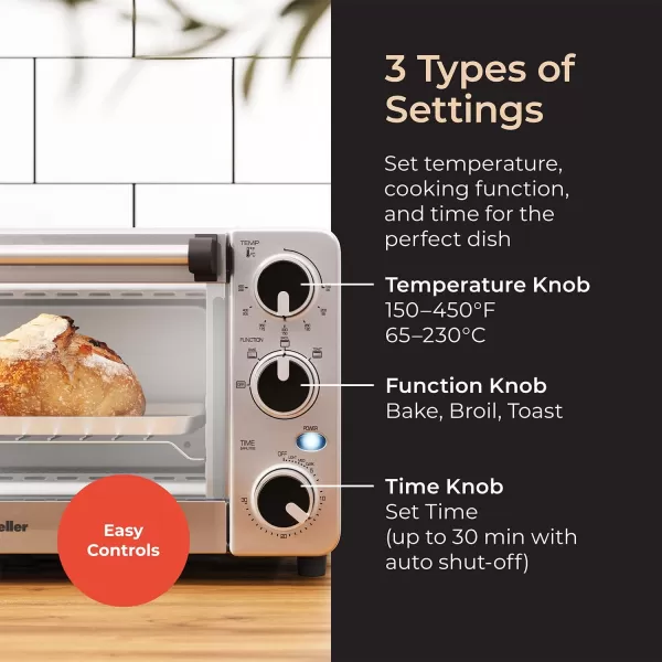 Mueller Toaster Oven with 30 Minute Timer  Toast  Bake  Broiler Settings Stainless Steel Natural Convection Fits 9 inch Pizza 4 Slice Toaster 1100 WMueller Toaster Oven with 30 Minute Timer  Toast  Bake  Broiler Settings Stainless Steel Natural Convection Fits 9 inch Pizza 4 Slice Toaster 1100 W