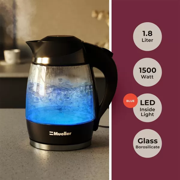 Mueller Ultra Kettle Model No M99S 1500W Electric Kettle with SpeedBoil Tech 18 Liter Cordless with LED Light Borosilicate Glass Auto ShutOff and BoilDry ProtectionMueller Ultra Kettle Model No M99S 1500W Electric Kettle with SpeedBoil Tech 18 Liter Cordless with LED Light Borosilicate Glass Auto ShutOff and BoilDry Protection