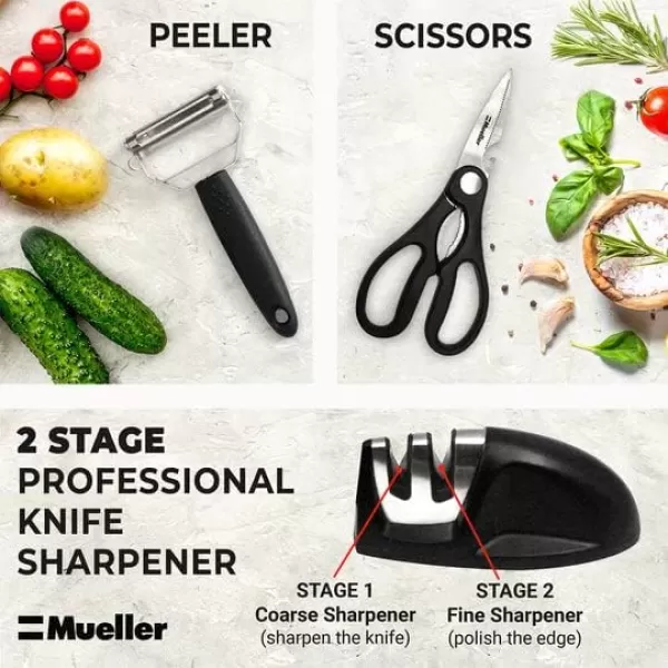 Stainless Steel Knife Set with Block  17 Piece High Carbon Carving Set with Knife Sharpener Bonus Peeler Scissors Cheese Pizza Knife and Stand  by Mueller Austria17 Piece Set