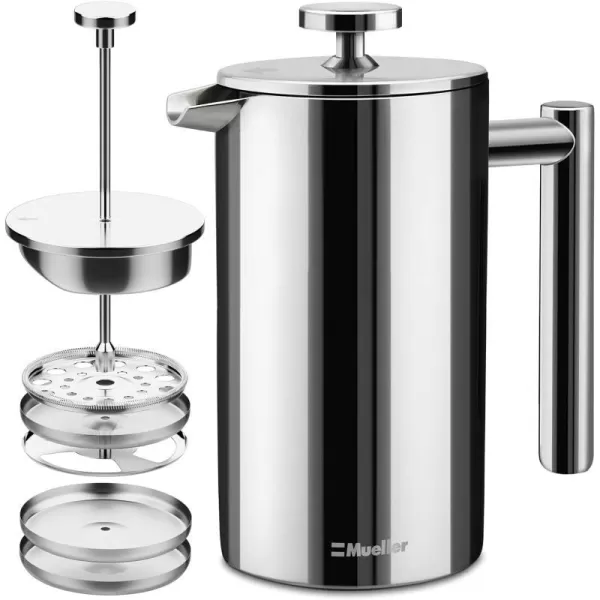 Mueller French Press Double Insulated 304 Stainless Steel Coffee Maker 4 Level Filtration System No Coffee Grounds RustFree Dishwasher Safe20oz