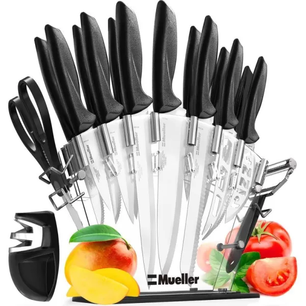 Stainless Steel Knife Set with Block  17 Piece High Carbon Carving Set with Knife Sharpener Bonus Peeler Scissors Cheese Pizza Knife and Stand  by Mueller Austria17 Piece Set