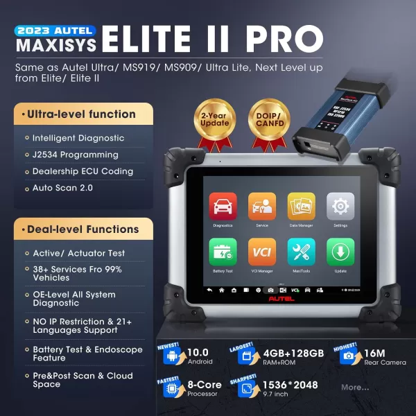 2023 Newer Autel MaxiSys Elite II Pro, 2-Year Free Update [$2590], New Version of MS909/ MS919/ Ultra, Top Intelligent Diagnostic 2.0, J2534 ECU Programming Coding, 38+ Service, CAN FD &amp; DoIP, 10.0 OS