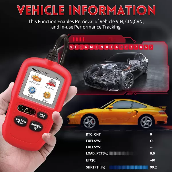 Autel AutoLink AL329 Code Reader with AutoVin, One-Click I/M Readiness Key, OBDII Scan with Live Data, Check State Emission Monitor Status, DTC Lookup Car Diagnostic Tool Code Reader with AutoVin, One-Click I/M Readiness Key, OBDII Scan with Live Data, Check State Emission Monitor Status, DTC Lookup Car Diagnostic Tool)