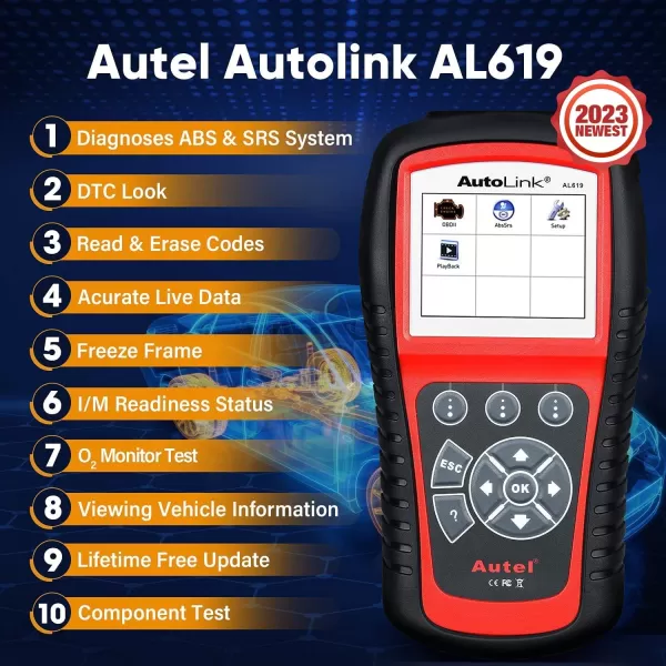Autel AutoLink AL619 Scanner, 2023 Newest Car ABS SRS &amp; CAN OBD2 Diagnostic Scan Tool, 10 OBDII Test Modes, DTCs Lookup, Live Data, Check Engine Light Code Reader, Upgraded of ML619 AL519 ML519 AL319