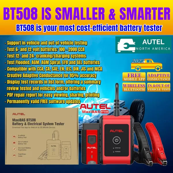Autel Battery Tester Automotive MaxiBAS BT508 Car Battery Tester 2023 Version with Bluetooth VCI Battery Health Registration All System Diagnostic AutoScan Read/Erase Codes Free APP Advanced BT506