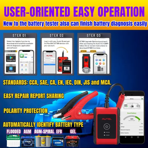 Autel Battery Tester Automotive MaxiBAS BT508 Car Battery Tester 2023 Version with Bluetooth VCI Battery Health Registration All System Diagnostic AutoScan Read/Erase Codes Free APP Advanced BT506