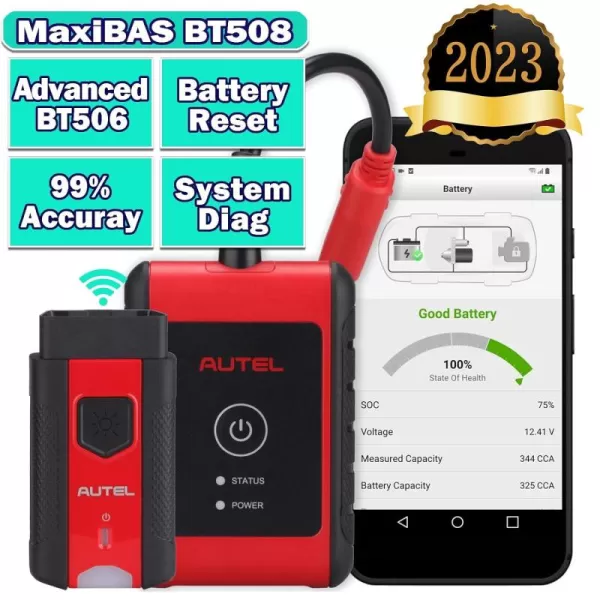 Autel Battery Tester Automotive MaxiBAS BT508 Car Battery Tester 2023 Version with Bluetooth VCI Battery Health Registration All System Diagnostic AutoScan Read/Erase Codes Free APP Advanced BT506