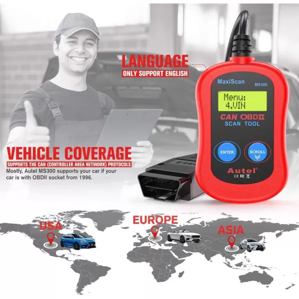 Autel MS300 OBD2 Scanner Code Reader, Turn Off Check Engine Light, Read &amp; Erase Fault Codes, Check Emission Monitor Status CAN Diagnostic Scan Tool