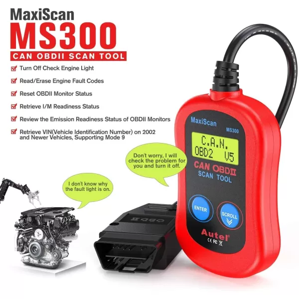Autel MS300 OBD2 Scanner Code Reader, Turn Off Check Engine Light, Read &amp; Erase Fault Codes, Check Emission Monitor Status CAN Diagnostic Scan Tool