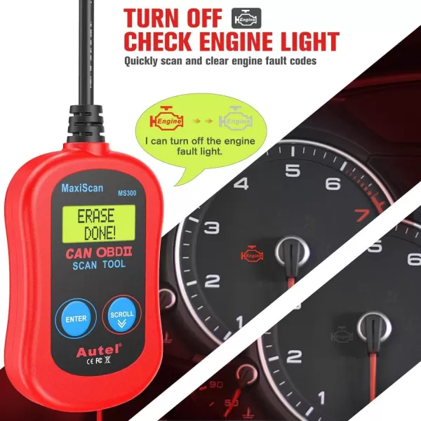 Autel MS300 OBD2 Scanner Code Reader, Turn Off Check Engine Light, Read &amp; Erase Fault Codes, Check Emission Monitor Status CAN Diagnostic Scan Tool