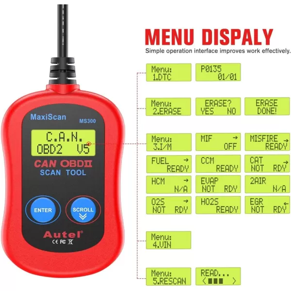 Autel MS300 OBD2 Scanner Code Reader, Turn Off Check Engine Light, Read &amp; Erase Fault Codes, Check Emission Monitor Status CAN Diagnostic Scan Tool