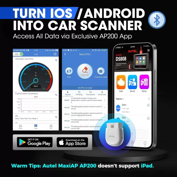 Autel MaxiAP AP200 OBD2 Scanner Bluetooth Wireless OBDII Auto Diagnostic Tool with Full System Diagnostic, 19 Reset Functions, AutoVIN, Check Engine Light Code Reader for iPhone Android
