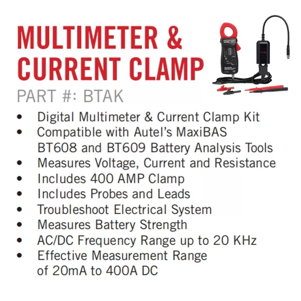 Autel MaxiBAS BTAK Battery Tester Accessory Kit Measure Voltage Current Resistance Battery Strength Digital Readouts Current Clamp Vehicle Electrical System 20mA to 400A AC/DC Used with BT608 BT609