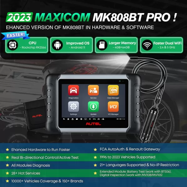 Autel MaxiCOM MK808BT PRO, Android 11, 2023 Full Bidirectional Scan Tool w/ $60 MV108, Update of MK808BT MK808S MX808S MX808 MK808Z, 28+ Services, Active Test, All System, FCA AutoAuth, Work w/ BT506