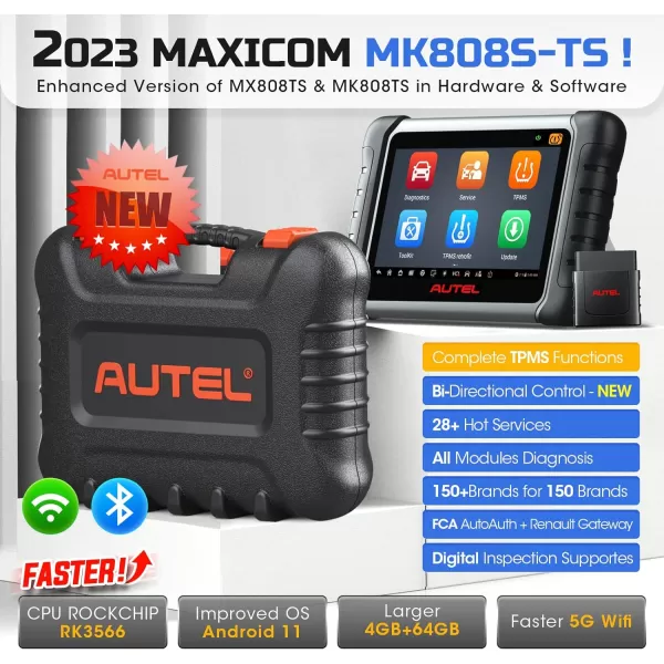 Autel MaxiCOM MK808S-TS OBD2 Scanner: 2023 Updated of MK808BT PRO, MK808TS MX808TS TS601 with Bidirectional Test, 28 Service 150 Makes, TPMS Programming Relearn Retrofit, All-System Scan, OS 11 4+64G