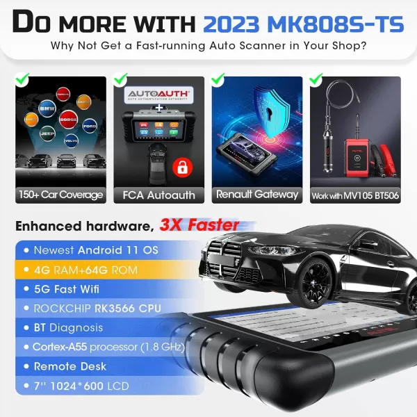 Autel MaxiCOM MK808S-TS OBD2 Scanner: 2023 Updated of MK808BT PRO, MK808TS MX808TS TS601 with Bidirectional Test, 28 Service 150 Makes, TPMS Programming Relearn Retrofit, All-System Scan, OS 11 4+64G