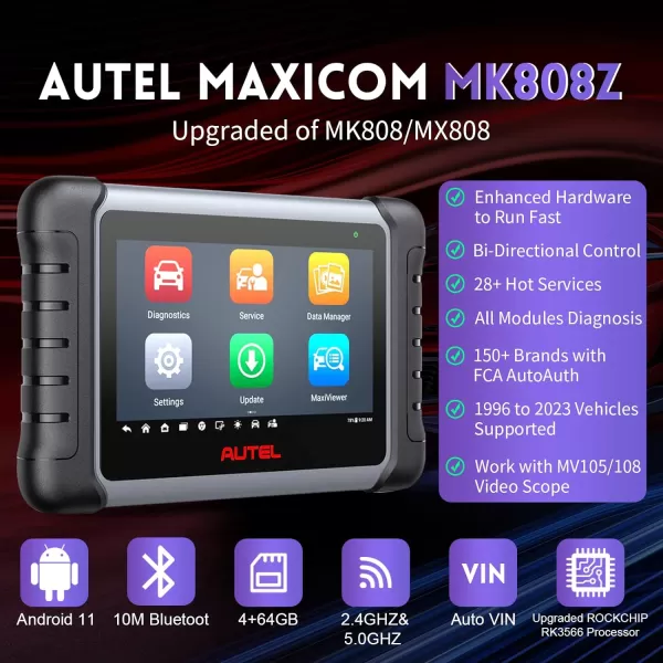 Autel MaxiCOM MK808Z Scan Tool - 2023 Bidirectional Tool Updated of MX808/MK808, Android 11 Based Bi-Directional Control Scanner, All System Diagnostics, EPB/BMS/SAS/TPMS/AutoVIN Injector Coding
