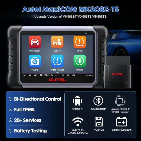 Autel MaxiCOM MK808Z-TS with 4 Pcs MX-Sensors, Android 11 Bi-Directional Control Scanner with Full TPMS, 28+ Services, 2023 Upgraded of MK808TS/MK808BT Scan Tool, FCA Auto Auth, Support BT506 &amp; MV108