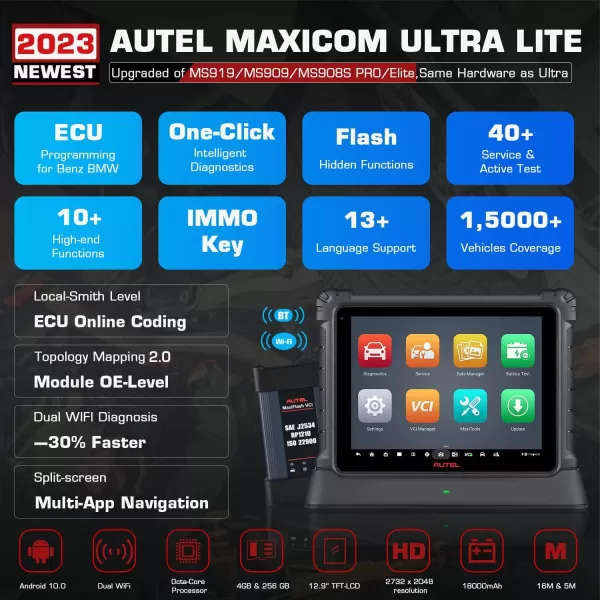 Autel MaxiCOM Ultra Lite Scanner [2 Years Free Update], 2023 Top Intelligent Diagnostic, Same as MaxiSys Ultra MS919 MS909 Elite II, Topology Map 2.0, ECU Programming/Coding, 40+ Service, 4G&amp;256G