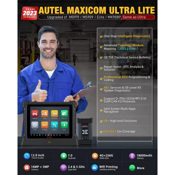 Autel MaxiCOM Ultra Lite w/ MV108S [2-Year Update, 2590$], 2023 Top Intelligent Diagnostic Scanner, Same as MaxiSys Ultra Up of MS919 MS909, Topology 2.0, ECU Programming &amp; Coding, 40+ Service, 4+256G