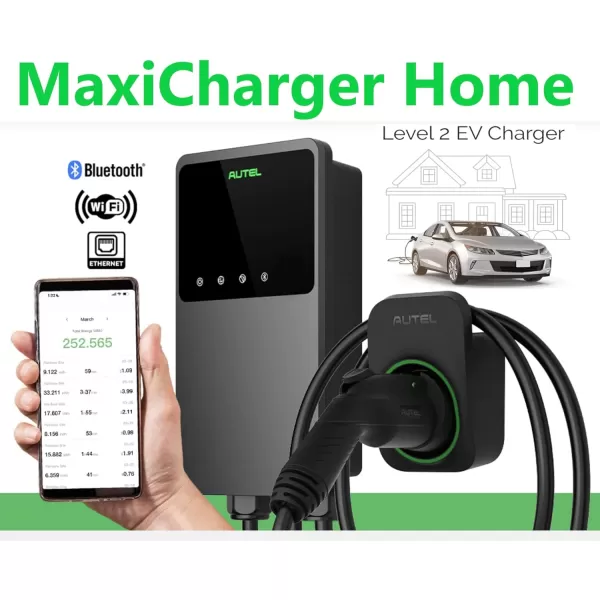 Autel MaxiCharger AC Wallbox Home 240V 40A Level 2 Electric Vehicle Charger NEMA 14-50 Separate Holster 25ft J1772 Charging Cable Monitoring with MaxiCharge APP WiFi Bluetooth Ethernet Connection