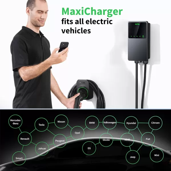 Autel MaxiCharger Home Electric Vehicle  Charger, up to 50 Amp, 240V, Level 2 WiFi and Bluetooth Enabled EVSE, Hardwired, Indoor/Outdoor, 25-Foot Cable with Separate Holster, Silver
