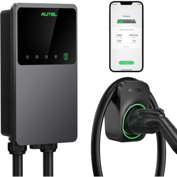Autel MaxiCharger Home Electric Vehicle  Charger, up to 50 Amp, 240V, Level 2 WiFi and Bluetooth Enabled EVSE, Hardwired, Indoor/Outdoor, 25-Foot Cable with Separate Holster, Silver