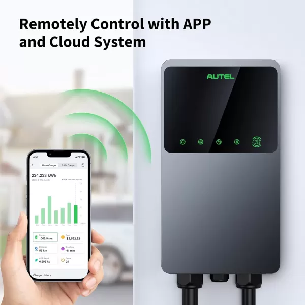Autel MaxiCharger Home Electric Vehicle  Charger, up to 50 Amp, 240V, Level 2 WiFi and Bluetooth Enabled EVSE, Hardwired, Indoor/Outdoor, 25-Foot Cable with Separate Holster, Silver