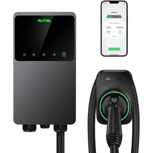 Autel MaxiCharger Home Electric Vehicle  Charger, up to 50 Amp, 240V, Level 2 WiFi and Bluetooth Enabled EVSE, Hardwired, Indoor/Outdoor, 25-Foot Cable with Separate Holster, Silver