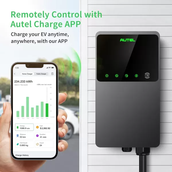 Autel MaxiCharger Home Electric Vehicle  Charger, up to 50 Amp, 240V, Level 2 WiFi and Bluetooth Enabled EVSE, Hardwired, Indoor/Outdoor, 25-Foot Cable with Separate Holster, Silver