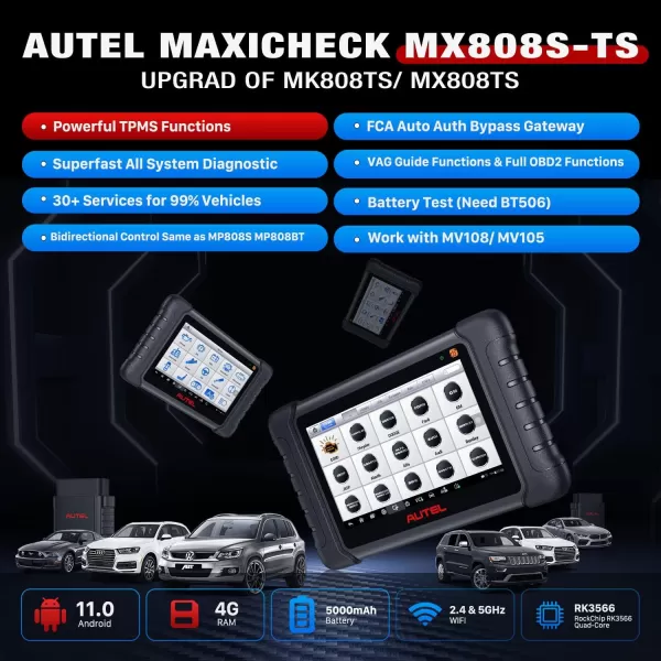 Autel MaxiCheck MX808S-TS OBD2 Scanner, 2023 Android 11 US Ver of MaxiCOM MK808S-TS MK808Z-TS, TPMS Program Relearn Tool, Bidirectional, 28+ Service, OE Diagnose, Upgrade of MK808TS MK808BT PRO MK808S