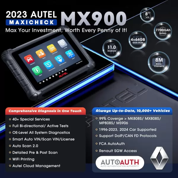Autel MaxiCheck MX900 OBD2 Scanner, 2023 Android 11 Bidirectional Diagnostics Tool, 40+ Service, Newer of MaxiCOM MK808S MX808S MP808 MS906, OE All Systems Scan 2.0, DoIP &amp; CAN FD, WiFi Print, FCA SGW