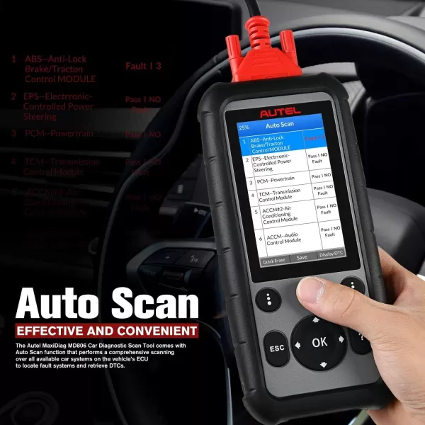 Autel MaxiDiag MD806 OBD2 Scanner, 2023 ABS SRS Engine Transmission Four Systems Diagnostic Scan Tool with Oil Reset, EPB, SAS, D-P-F, BMS, Auto VIN, Read/Clear Codes, Live Data, Freeze Frame Data