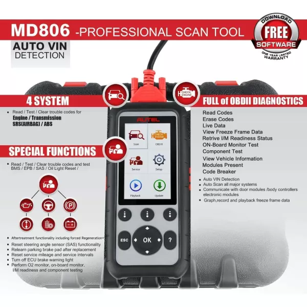 Autel MaxiDiag MD806 OBD2 Scanner, 2023 ABS SRS Engine Transmission Four Systems Diagnostic Scan Tool with Oil Reset, EPB, SAS, D-P-F, BMS, Auto VIN, Read/Clear Codes, Live Data, Freeze Frame Data