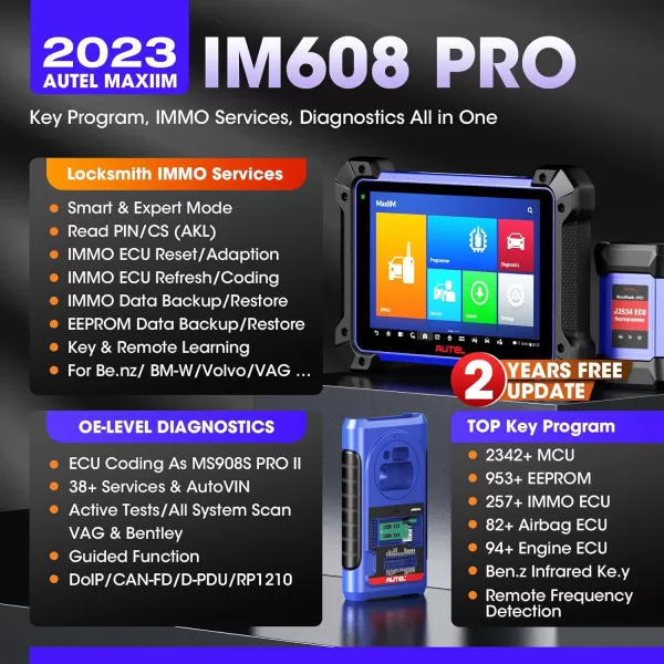 Autel MaxiIM IM608 Pro Key Fob Programming Tool, 2 Years Free Update, 2024 Same Functions as IM608S II/IM608 PRO II, with XP400Pro, IMKPA Kit, G-BOX3 &amp; APB112, ECU Coding, Bi-Directional, 38+ Services