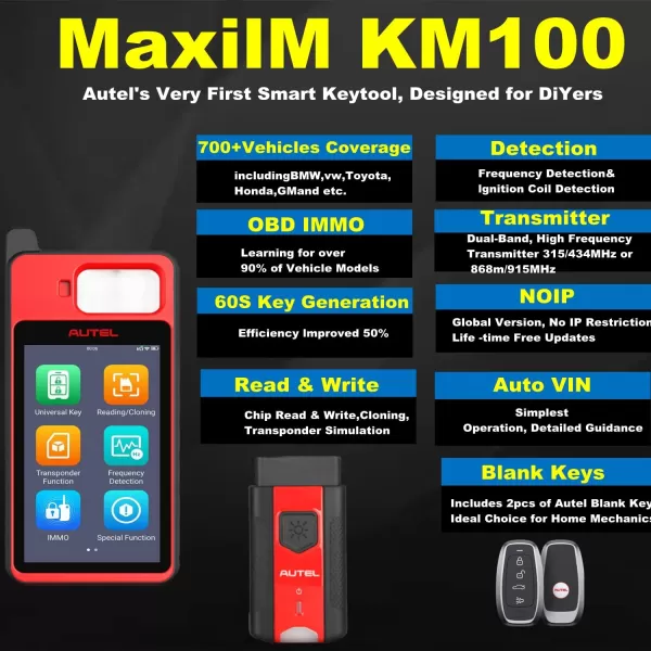 Autel MaxiIM KM100 Key Fob Programmer Immobilizer Tool Key Creation IMMO Learning Chip Read/Write Cloning Frequency Detection Program Autel IKey for BMW Volkswagen Toyota Honda&amp;General Motors