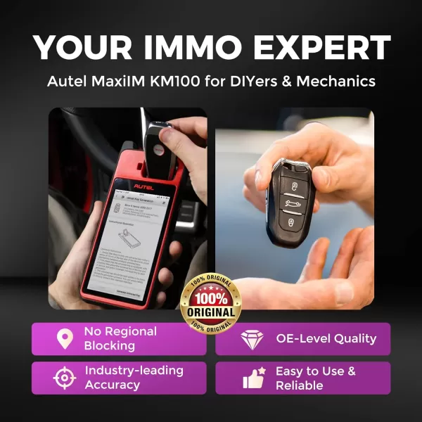 Autel MaxiIM KM100 Key Fob Programming Tool, Autel key programmer 2024, F REE Renewal, 60S Key generation, Transponder Chip Function, Guided Immobilizer for 90% Cars, Same as KM100E/X, 2 Blank IKEY in