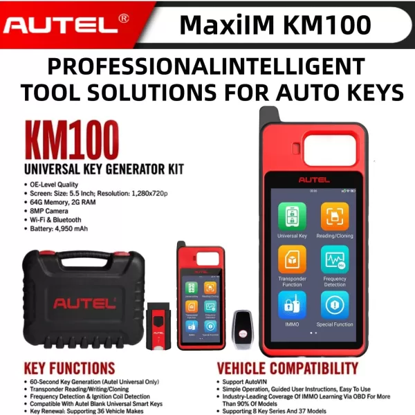 Autel MaxiIM KM100 Key Fob Programming Tool, Lifetime Free Updates, 2023 Newest Lite of IM508 IM608 Key Programmer, 99% OBD IMMO Keys, 60s Key Creation, with 2PCS Smart IKEYs, Chip Read Write Clone