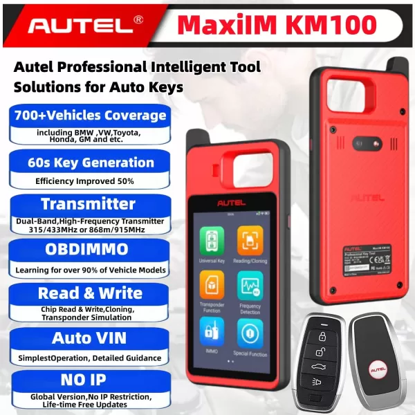Autel MaxiIM KM100 Key Fob Programming Tool, Lifetime Free Updates, 2023 Newest Lite of IM508 IM608 Key Programmer, 99% OBD IMMO Keys, 60s Key Creation, with 2PCS Smart IKEYs, Chip Read Write Clone