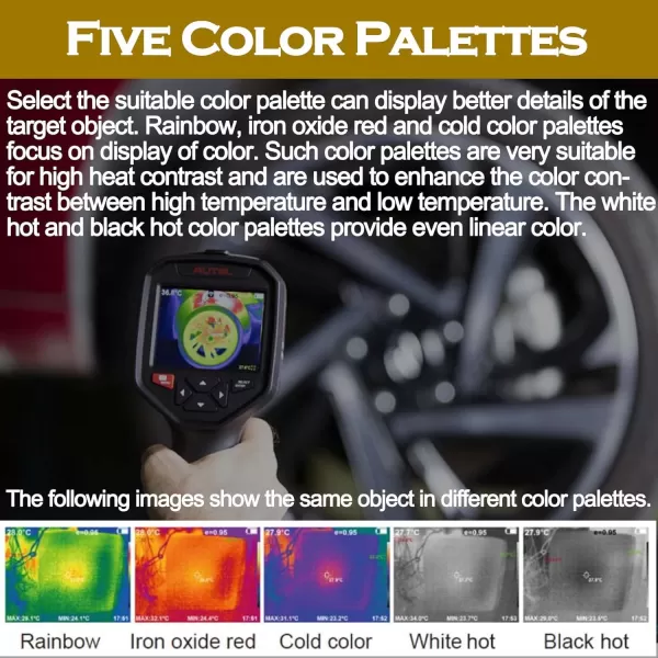 Autel MaxiIRT IR100 Thermal Imaging Camera Dual Camera High Resolution Auto-Focus Adjustable Emissivity Five Color Palettes Troubleshoot Brakes Exhaust HVAC Wi-Fi Image Transfer to PC MaxiSYS Tablets