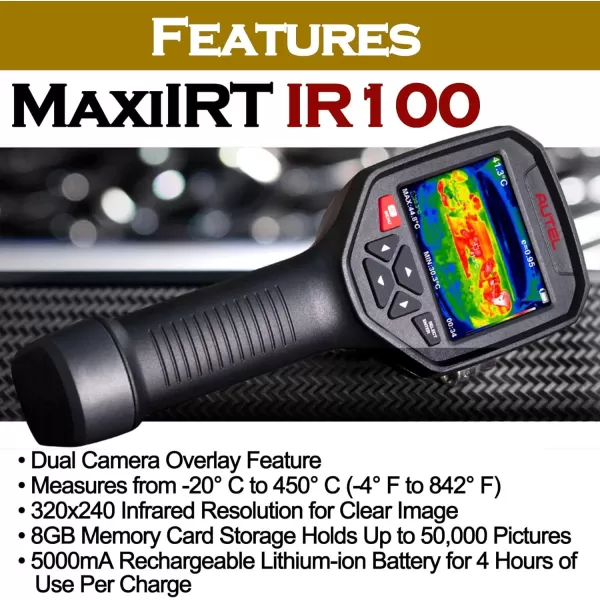 Autel MaxiIRT IR100 Thermal Imaging Camera Dual Camera High Resolution Auto-Focus Adjustable Emissivity Five Color Palettes Troubleshoot Brakes Exhaust HVAC Wi-Fi Image Transfer to PC MaxiSYS Tablets