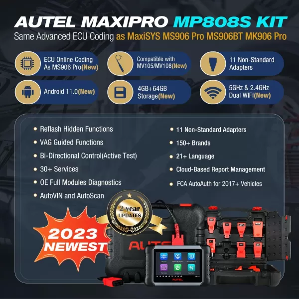 Autel MaxiPRO MP808S PRO Version with Spare 11 connectors, 2-Year Free Update, 2023 Advanced ECU Coding Bidirectional Scan Tool, Same as MS906 Pro, Upgrade of MP808K DS808S 30+ Service, Work w/ MV108S