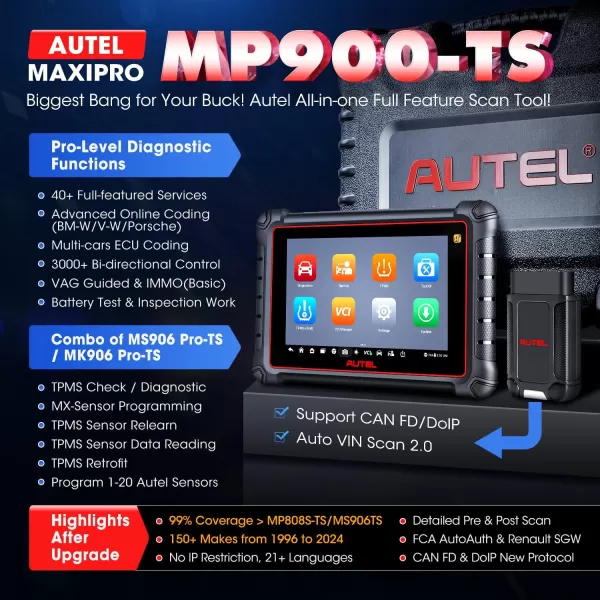 Autel MaxiPRO MP900-TS Scanner: 2023 DoIP/CAN-FD MP900TS Level-up of MS906TS MP808S-TS MP808BT Pro, 40+ Service, TPMS Programming Relearn, OE ECU Coding, Bidirectional Scan Tool, FCA Renault SGW OS 11