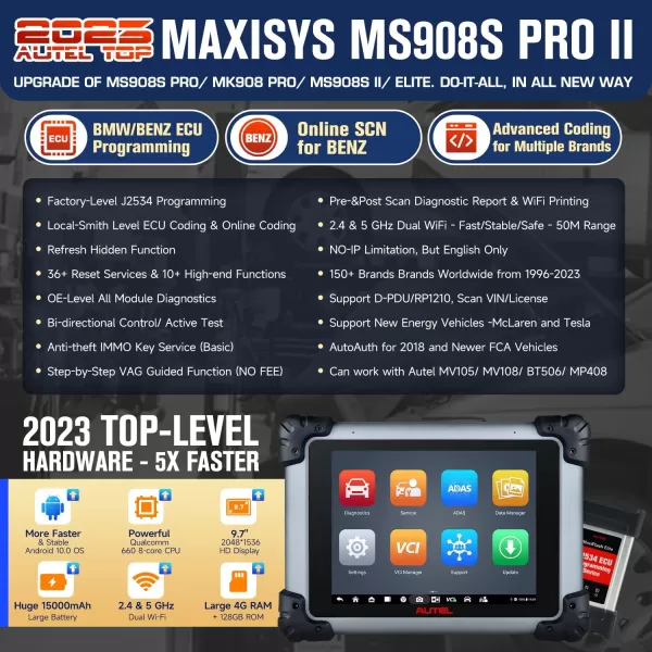 Autel MaxiSYS MS908S PRO II: 2023 Top J2534 ECU Programming Coding Tool, Upgraded of MS908S PRO/ MK908P II/Elite, Same Programming as MS Ultra/ MS919/ Elite II PRO, Bidirectional, 38+ Services
