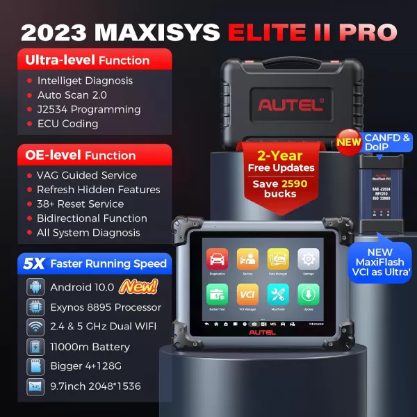Autel MaxiSys Elite II Pro Scanner: 2024 2-Years Free Update Elite 2 Pro, J2534 Reprogramming Tool as Ultra MS908S Pro II, Intelligent Diagnostic 2.0, 40 Reset Service w/CAN FD &amp; Do IP, Active Test